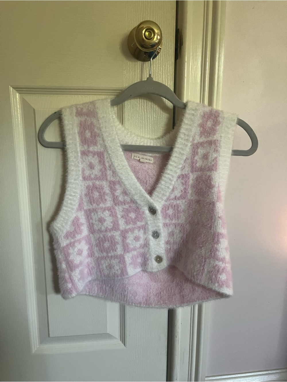 Tilly's Pink and White Fuzzy Knit Vest Sweater